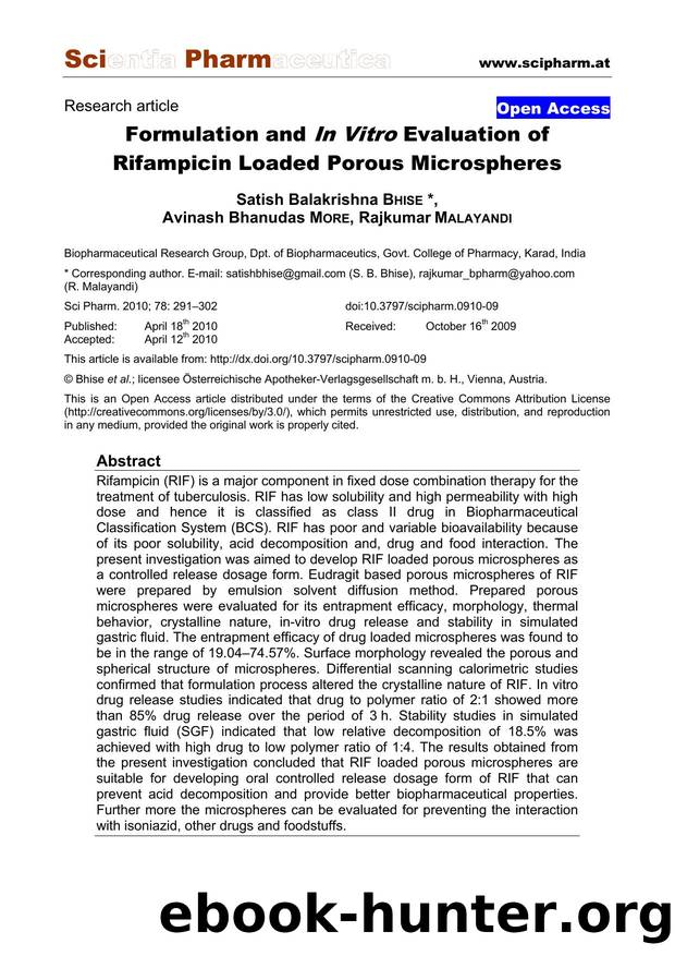 Formulation and In Vitro Evaluation of Rifampicin Loaded Porous Microspheres by Satish Balakrishna BHISE & Avinash Bhanudas MORE & Rajkumar MALAYANDI