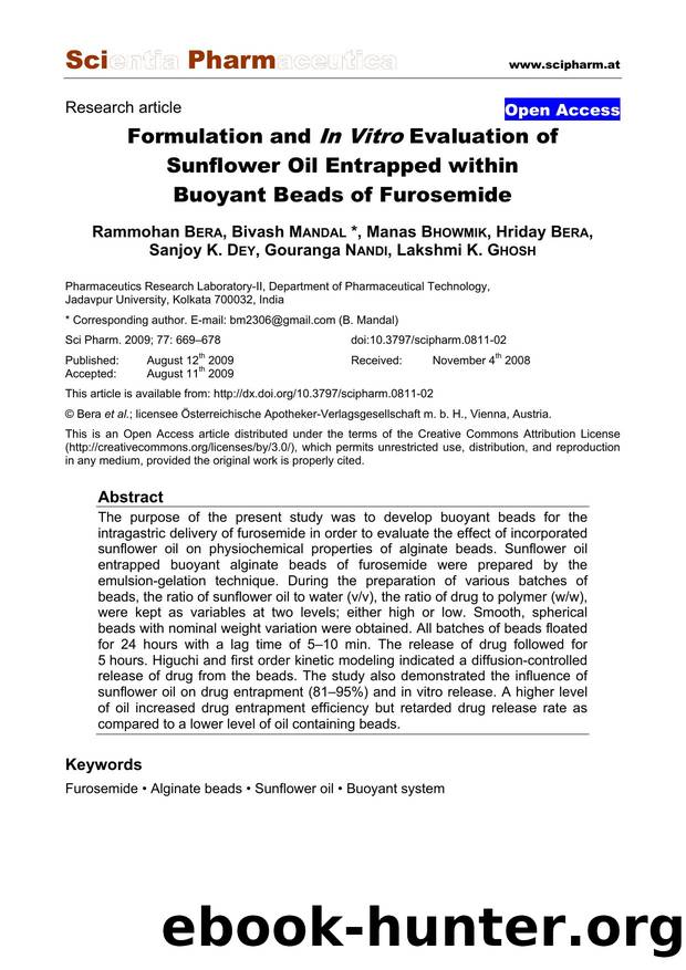 Formulation and In Vitro Evaluation of Sunflower Oil Entrapped within Buoyant Beads of Furosemide by Rammohan BERA & Bivash MANDA & Manas BHOWMIK & Hriday BERA