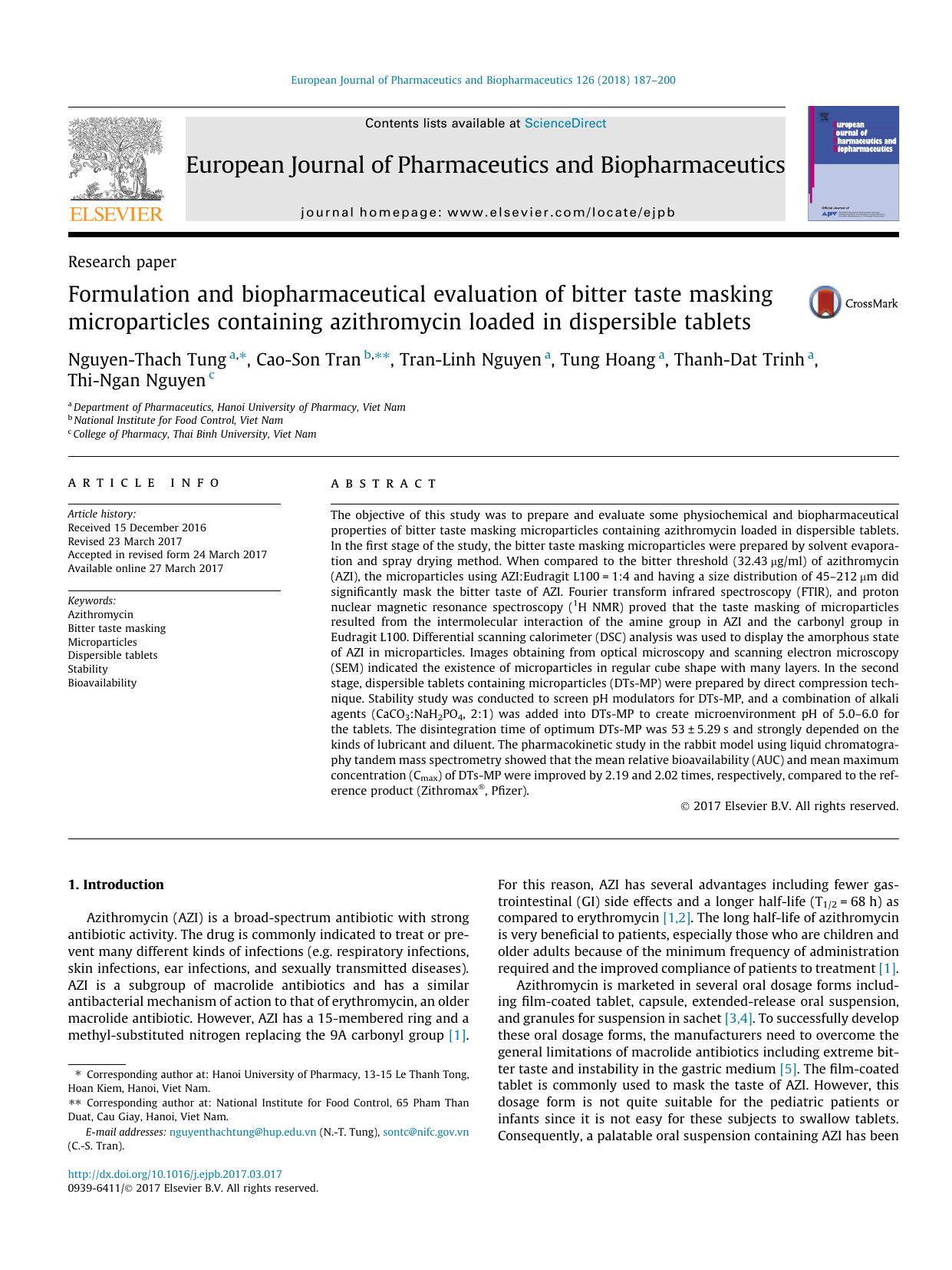 Formulation and biopharmaceutical evaluation of bitter taste masking microparticles containing azithromycin loaded in dispersible tablets by Nguyen-Thach Tung & Cao-Son Tran & Tran-Linh Nguyen & Tung Hoang & Thanh-Dat Trinh & Thi-Ngan Nguyen
