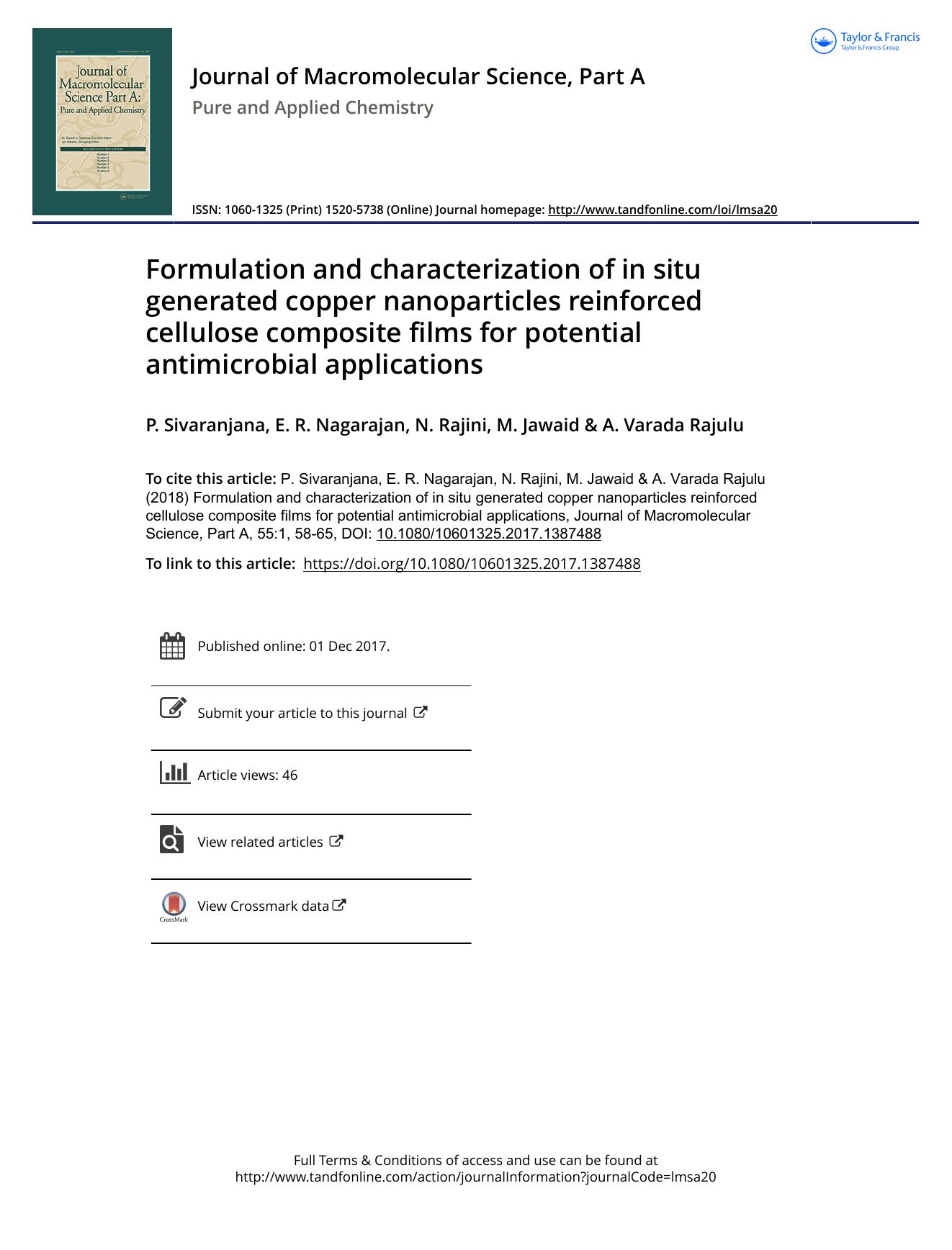 Formulation and characterization of in situ generated copper nanoparticles reinforced cellulose composite films for potential antimicrobial applications by P. Sivaranjana & E. R. Nagarajan & N. Rajini & M. Jawaid & A. Varada Rajulu