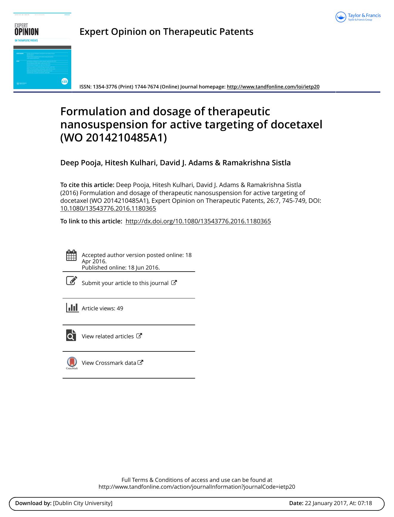 Formulation and dosage of therapeutic nanosuspension for active targeting of docetaxel (WO 2014210485A1) by Deep Pooja & Hitesh Kulhari & David J. Adams & Ramakrishna Sistla