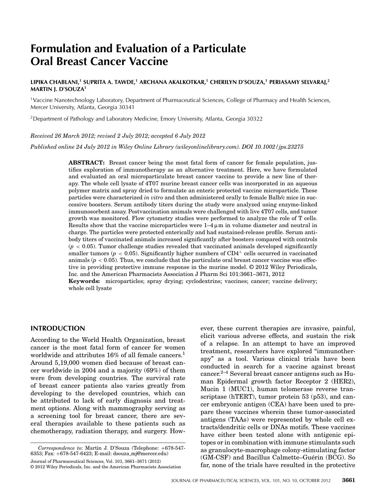 Formulation and evaluation of a particulate oral breast cancer vaccine by Unknown