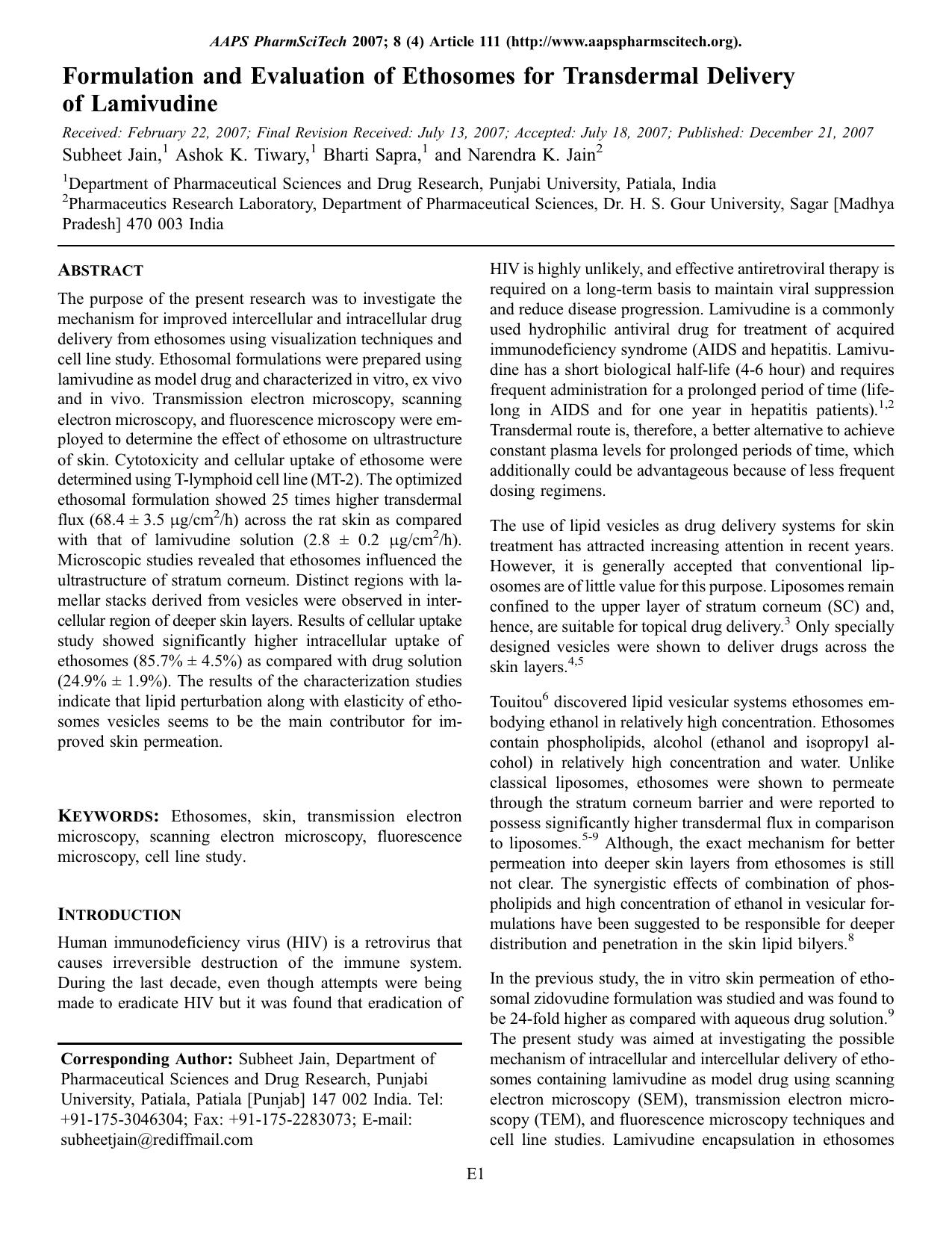 Formulation and evaluation of ethosomes for transdermal delivery of lamivudine by Unknown
