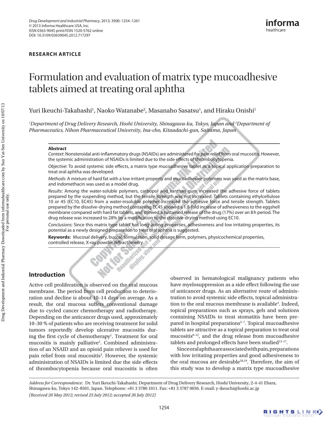 Formulation and evaluation of matrix type mucoadhesive tablets aimed at treating oral aphtha by Yuri Ikeuchi-Takahashi Naoko Watanabe Masanaho Sasatsu Hiraku Onishi