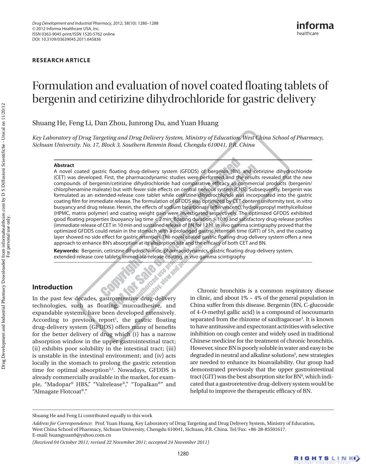 Formulation and evaluation of novel coated floating tablets of bergenin and cetirizine dihydrochloride for gastric delivery by Shuang He Feng Li Dan Zhou Junrong Du & Yuan Huang