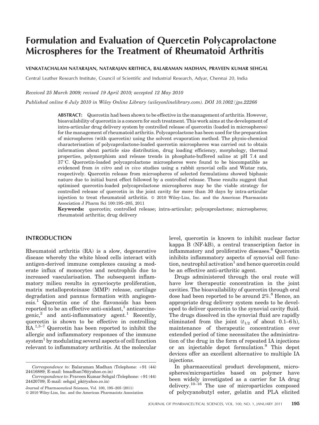 Formulation and evaluation of quercetin polycaprolactone microspheres for the treatment of rheumatoid arthritis by Unknown