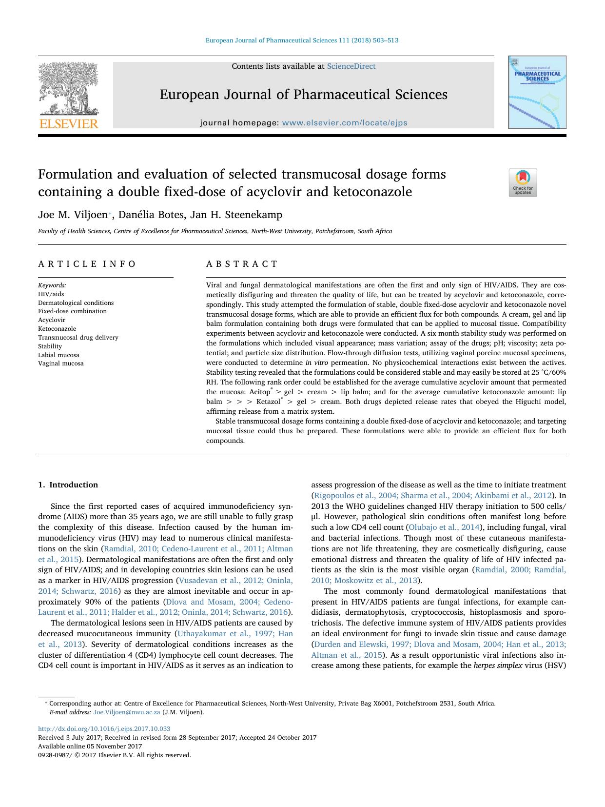 Formulation and evaluation of selected transmucosal dosage forms containing a double fixed-dose of acyclovir and ketoconazole by Joe M. Viljoen & Danélia Botes & Jan H. Steenekamp