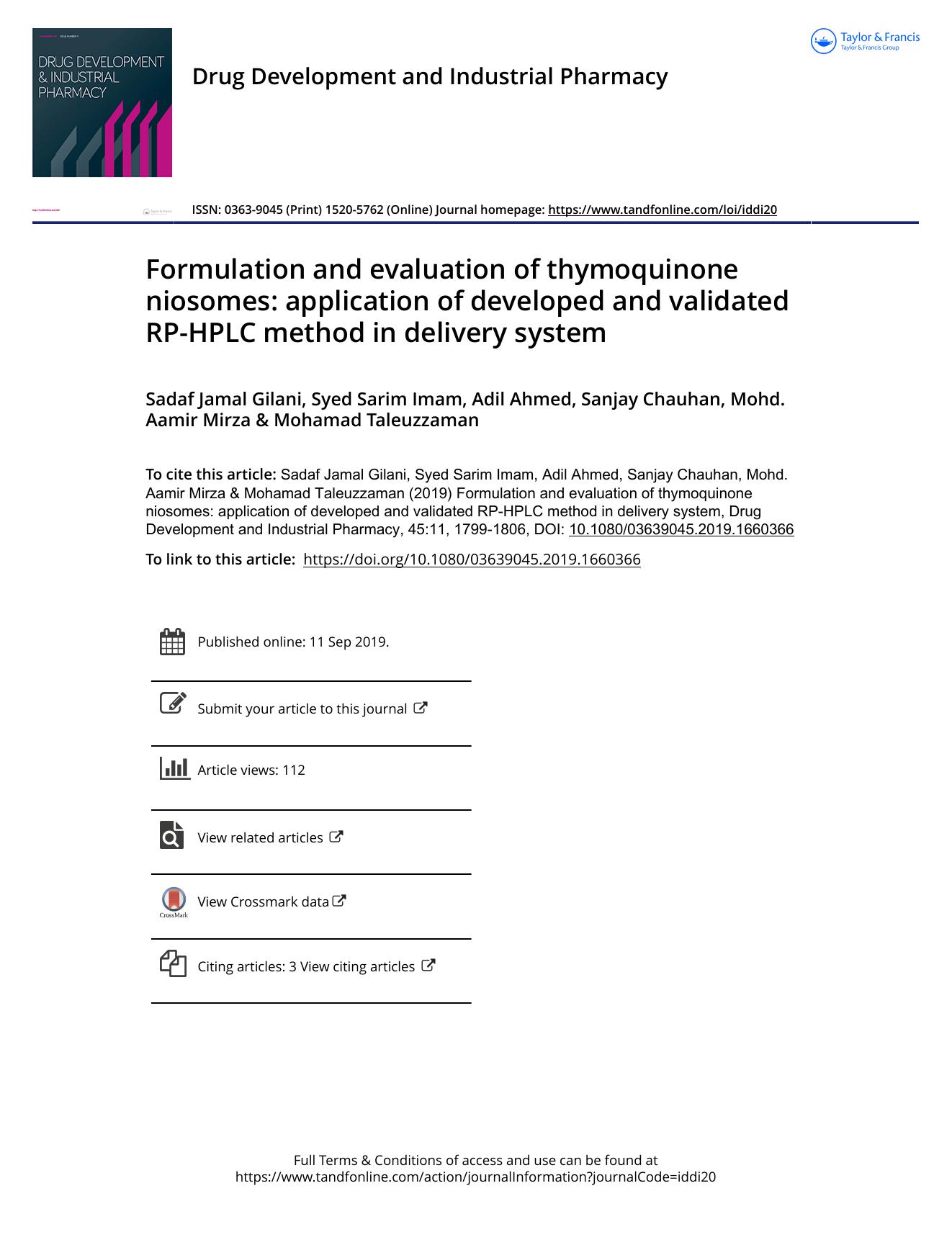 Formulation and evaluation of thymoquinone niosomes: application of developed and validated RP-HPLC method in delivery system by unknow