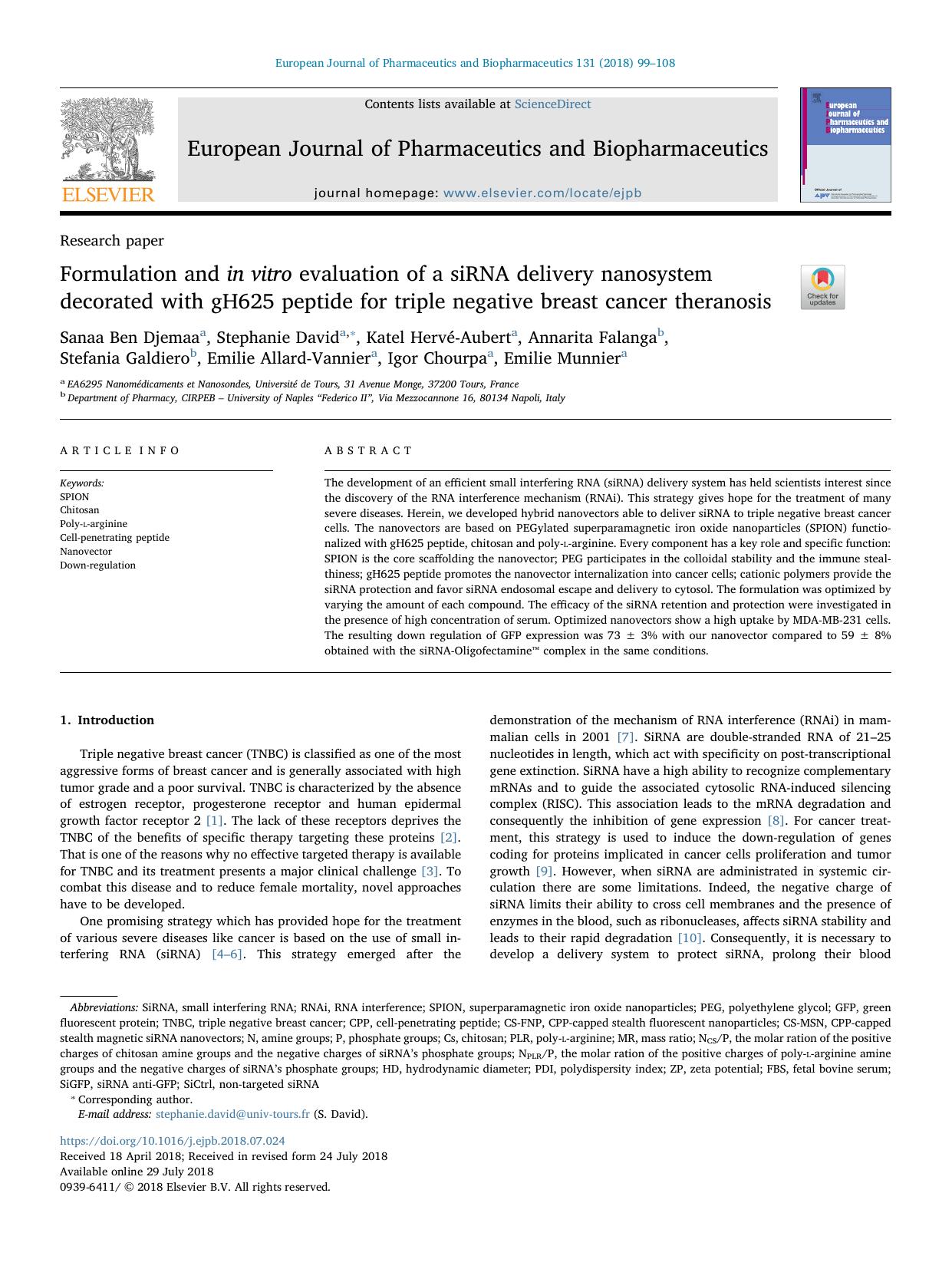 Formulation and in vitro evaluation of a siRNA delivery nanosystem decorated with gH625 peptide for triple negative breast cancer theranosis by unknow