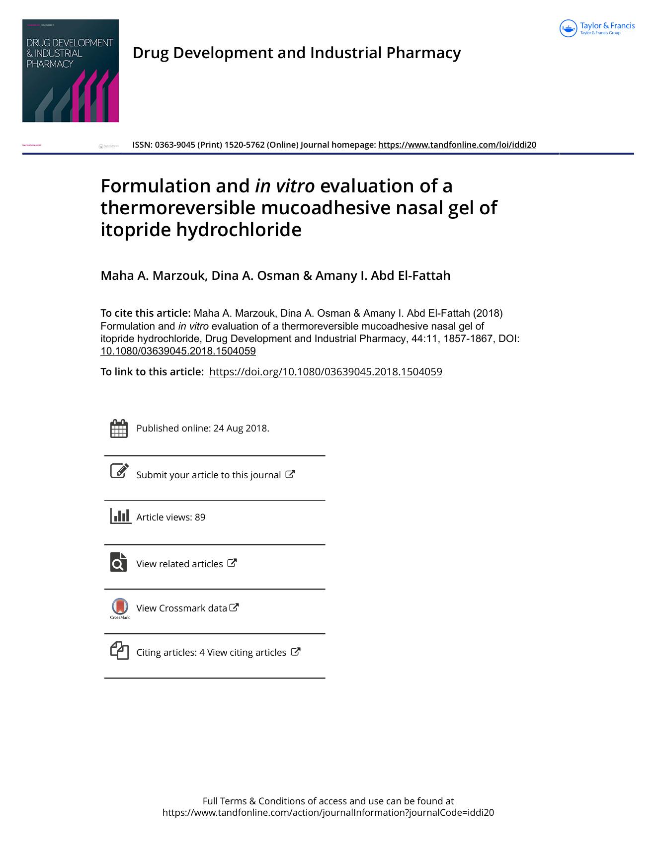 Formulation and in vitro evaluation of a thermoreversible mucoadhesive nasal gel of itopride hydrochloride by Marzouk Maha A. & Osman Dina A. & Abd El-Fattah Amany I