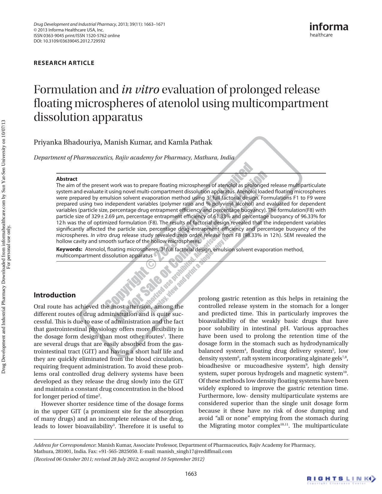 Formulation and in vitro evaluation of prolonged release floating microspheres of atenolol using multicompartment dissolution apparatus by Priyanka Bhadouriya Manish Kumar Kamla Pathak