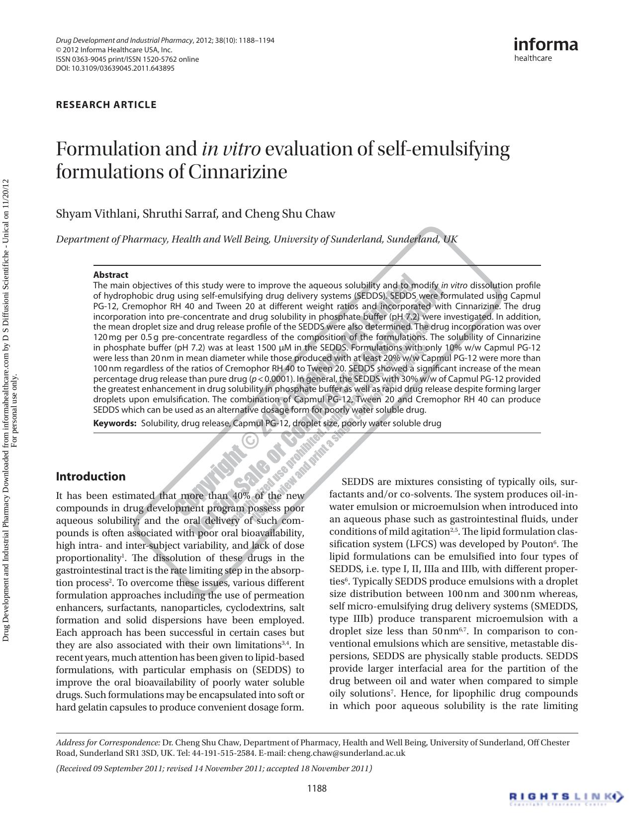 Formulation and in vitro evaluation of self-emulsifying formulations of Cinnarizine by Shyam Vithlani Shruthi Sarraf & Cheng Shu Chaw