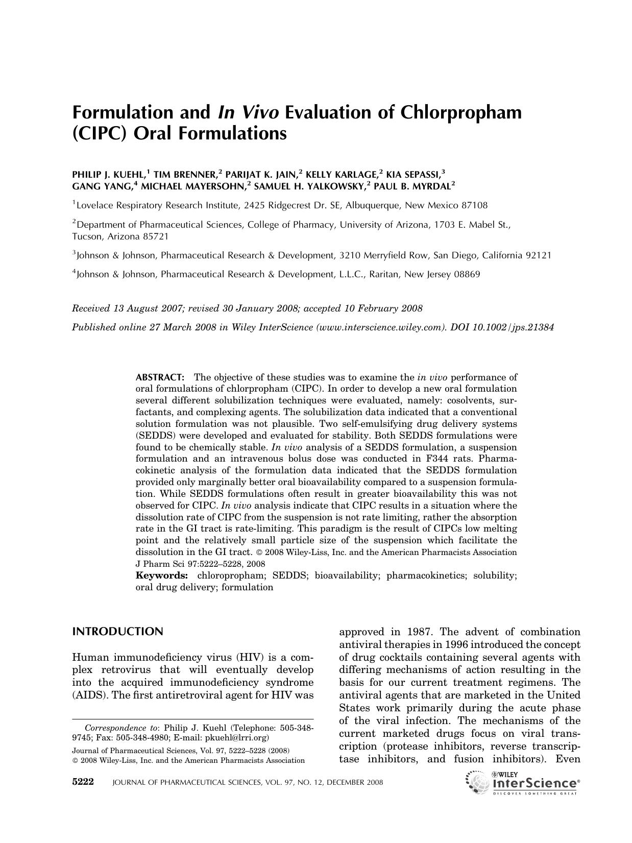 Formulation and in vivo evaluation of chlorpropham (CIPC) oral formulations by Unknown