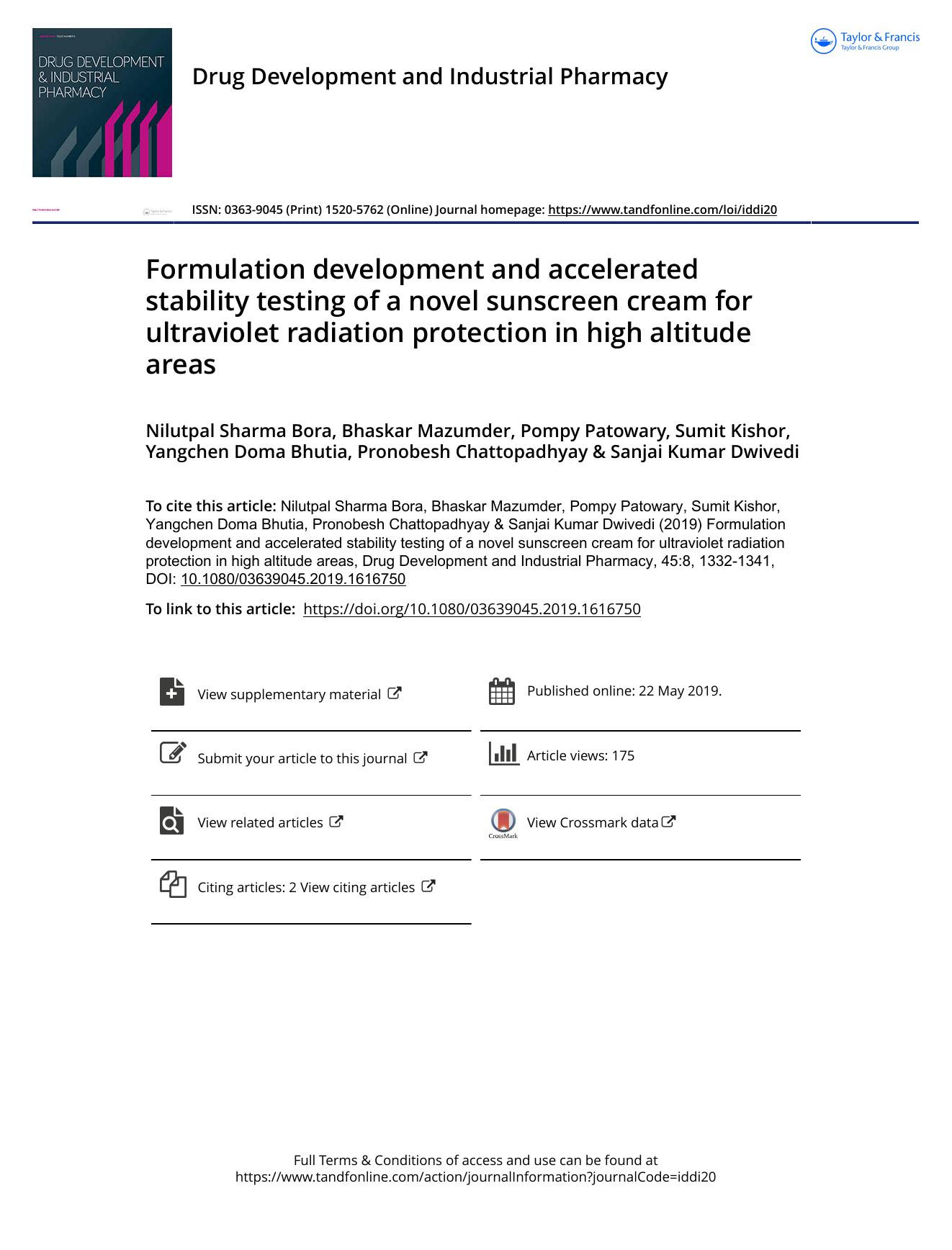 Formulation development and accelerated stability testing of a novel sunscreen cream for ultraviolet radiation protection in high altitude areas by unknow