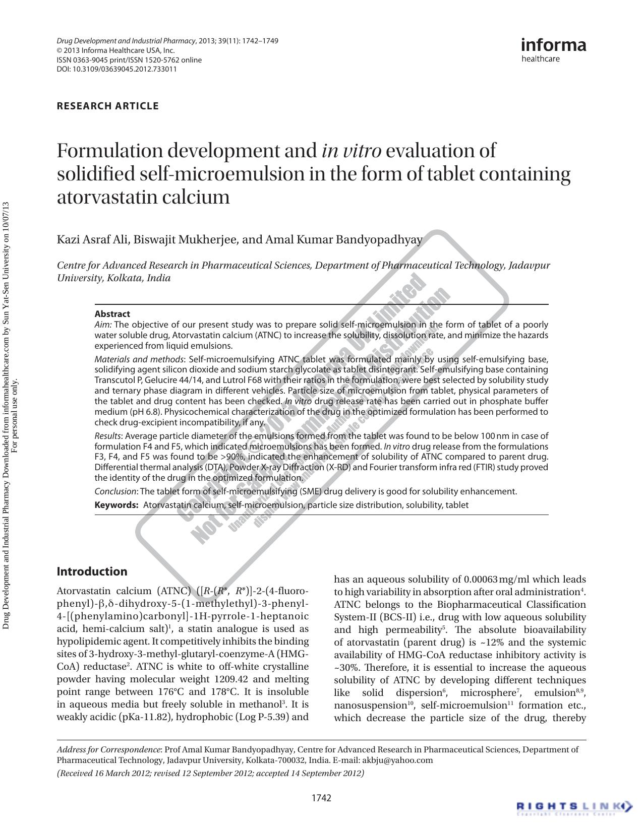 Formulation development and in vitro evaluation of solidified self-microemulsion in the form of tablet containing atorvastatin calcium by Kazi Asraf Ali Biswajit Mukherjee Amal Kumar Bandyopadhyay