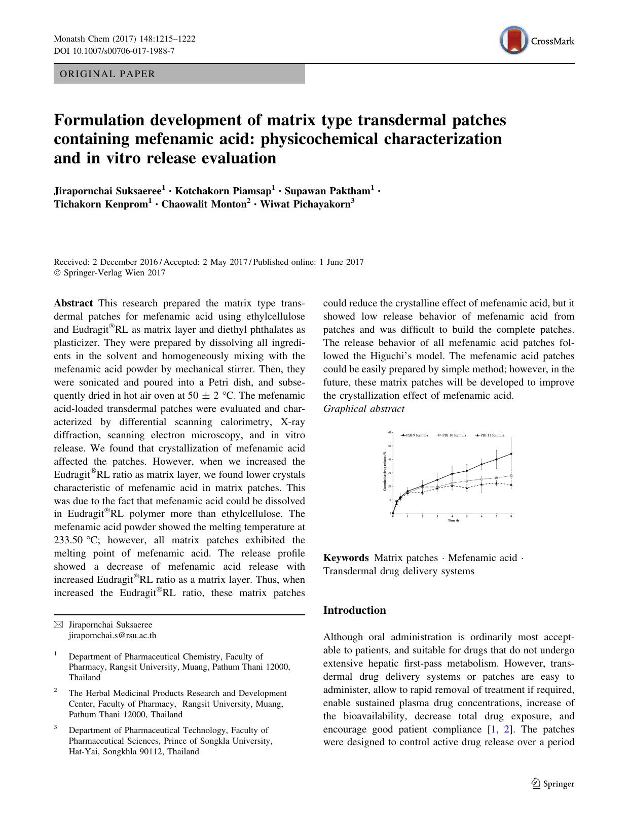 Formulation development of matrix type transdermal patches containing mefenamic acid: physicochemical characterization and in vitro release evaluation by unknow