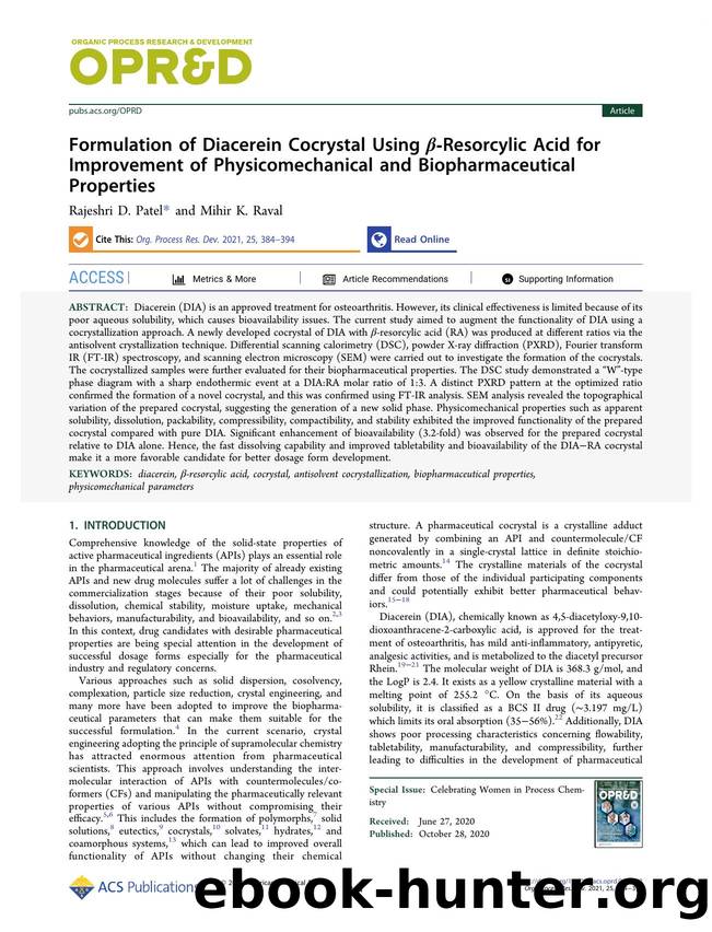 Formulation of Diacerein Cocrystal Using Î²-Resorcylic Acid for Improvement of Physicomechanical and Biopharmaceutical Properties by Rajeshri D. Patel and Mihir K. Raval