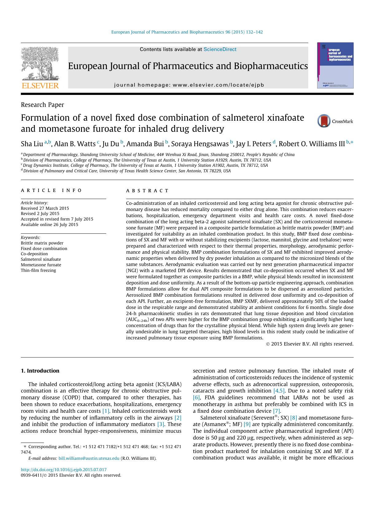 Formulation of a novel fixed dose combination of salmeterol xinafoate and mometasone furoate for inhaled drug delivery by unknow