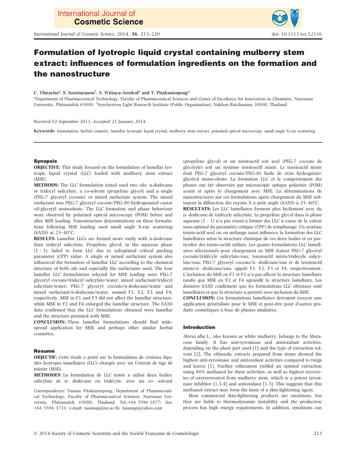 Formulation of lyotropic liquid crystal containing mulberry stem extract: influences of formulation ingredients on the formation and the nanostructure by Unknown