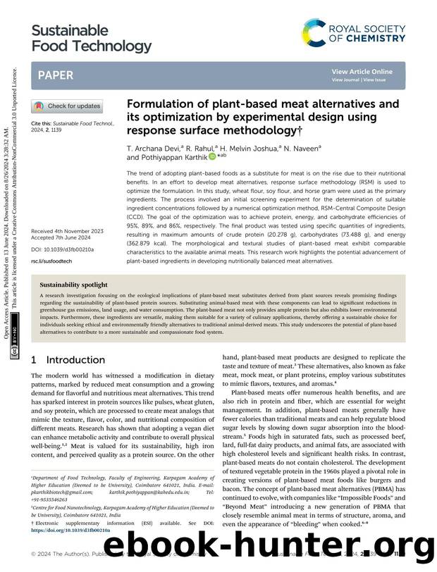 Formulation of plant-based meat alternatives and its optimization by experimental design using response surface methodology by T. Archana Devi & R. Rahul & H. Melvin Joshua & N. Naveen & Pothiyappan Karthik