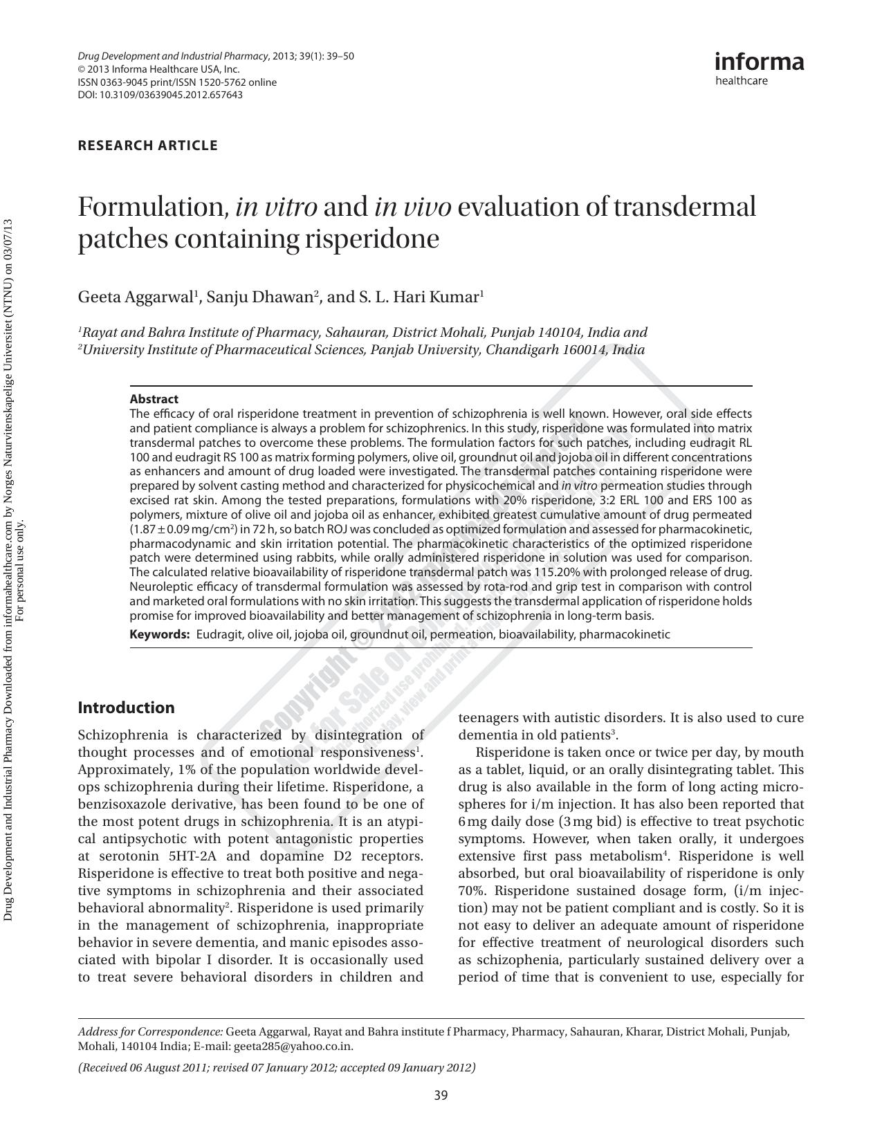 Formulation, in vitro and in vivo evaluation of transdermal patches containing risperidone by Geeta Aggarwal Sanju Dhawan & S. L. Hari Kumar