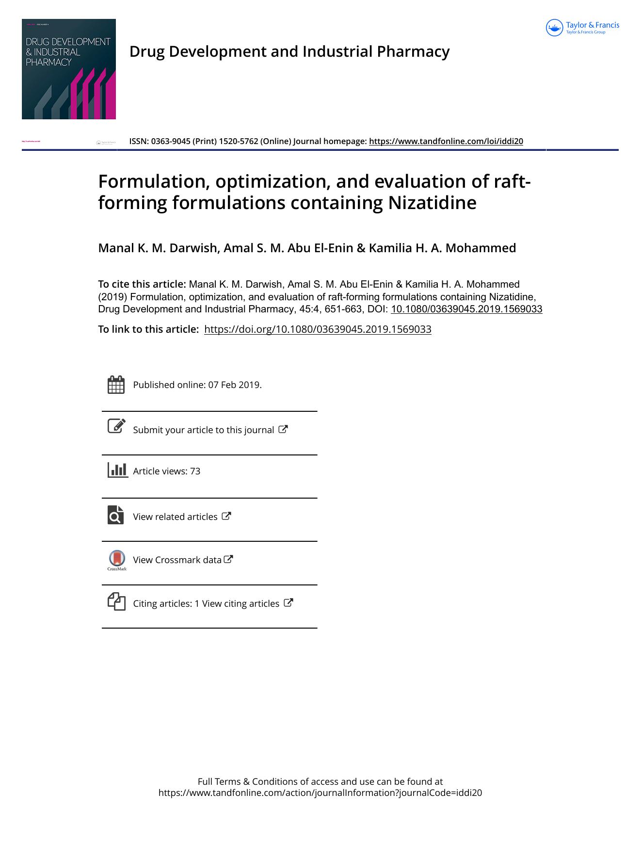 Formulation, optimization, and evaluation of raft-forming formulations containing Nizatidine by Darwish Manal K. M. & Abu El-Enin Amal S. M. & Mohammed Kamilia H. A