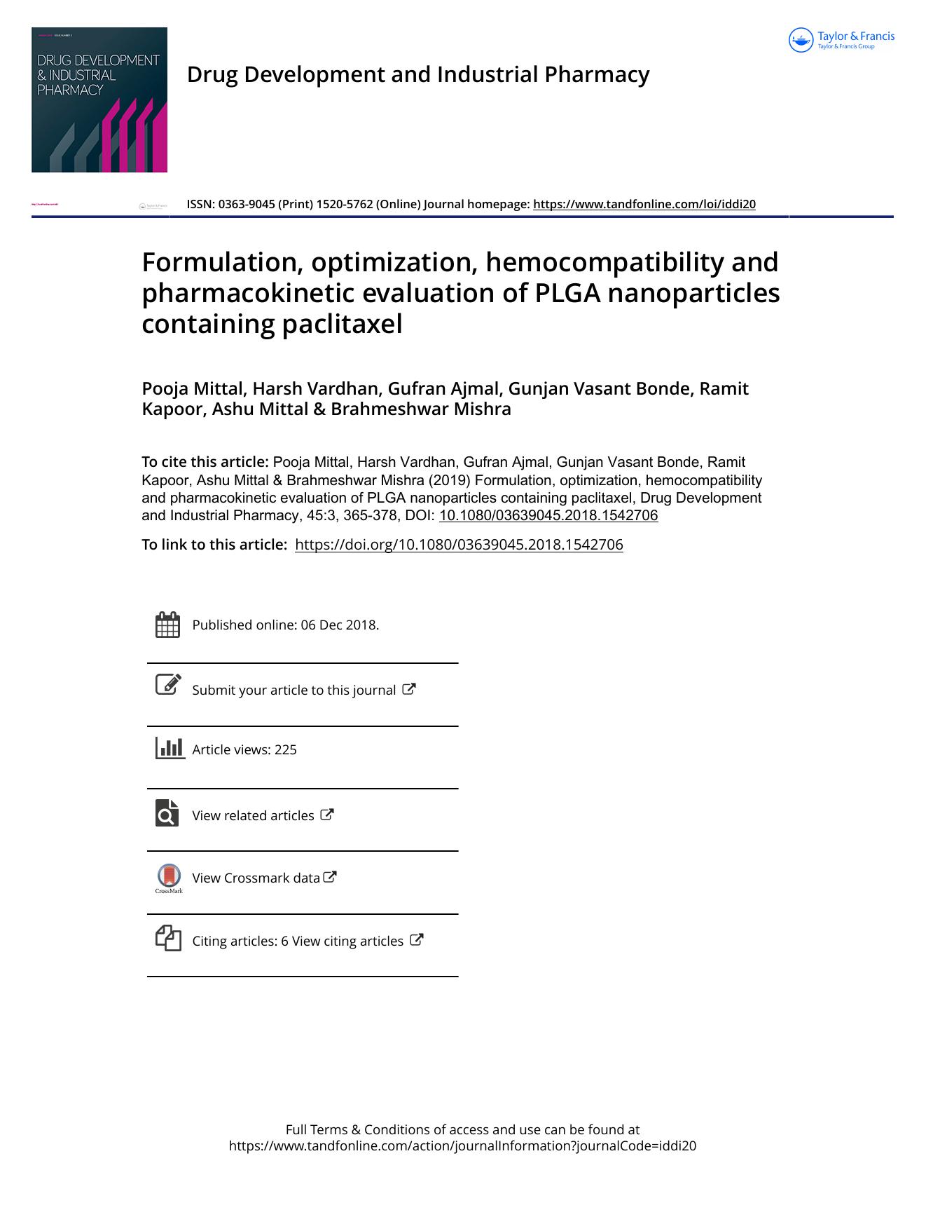 Formulation, optimization, hemocompatibility and pharmacokinetic evaluation of PLGA nanoparticles containing paclitaxel by unknow
