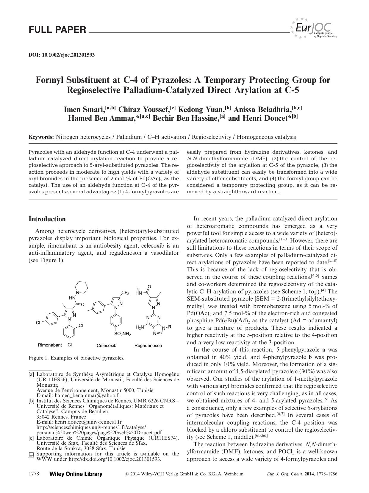 Formyl Substituent at C4 of Pyrazoles: A Temporary Protecting Group for Regioselective PalladiumCatalyzed Direct Arylation at C5 by Unknown