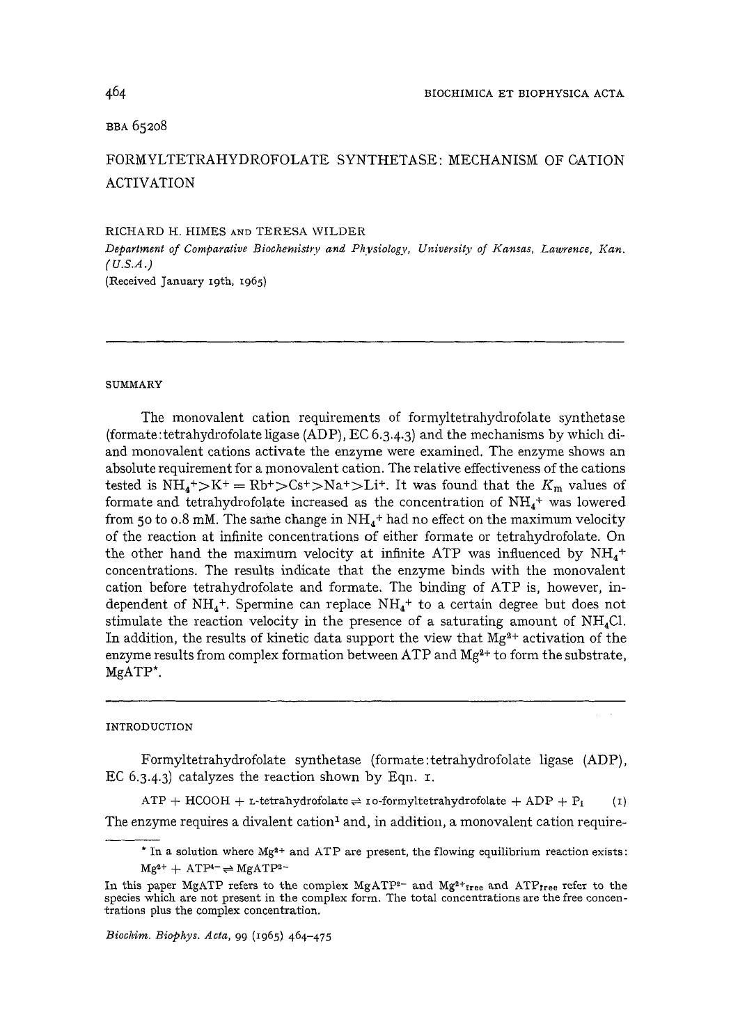 Formyltetrahydrofolate synthetase: Mechanism of cation activation by Richard H. Himes; Teresa Wilder