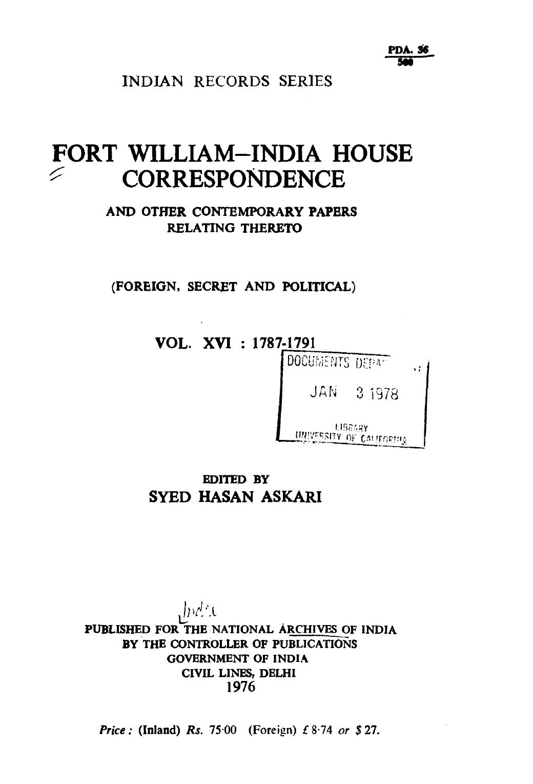 Fort William India House correspondence Vol. XVI : 1787-1791 by East India Company Syed Hasan Askari (editor)