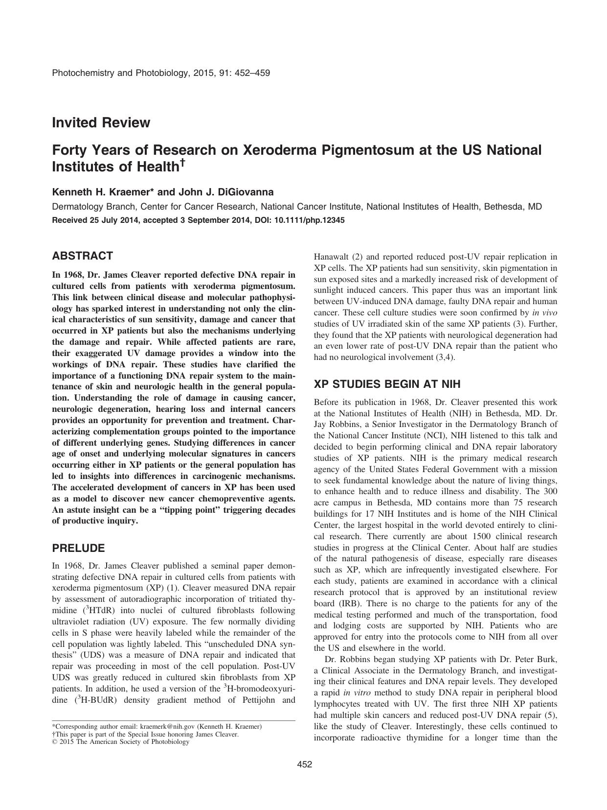 Forty Years of Research on Xeroderma Pigmentosum at the US National Institutes of Health by Unknown