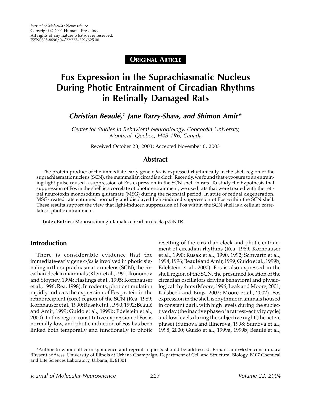 Fos expression in the suprachiasmatic nucleus during photic entrainment of circadian rhythms in retinally damaged rats by Unknown