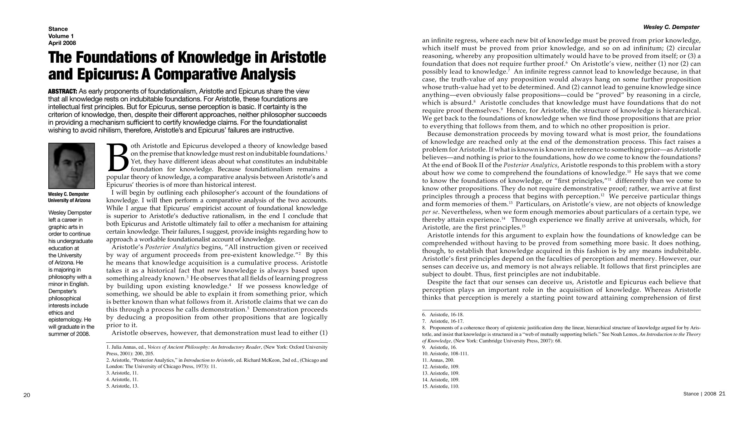 Foundations Of Knowledge In Aristotle And Epicurus [A Comparative Analysis] by Unknown