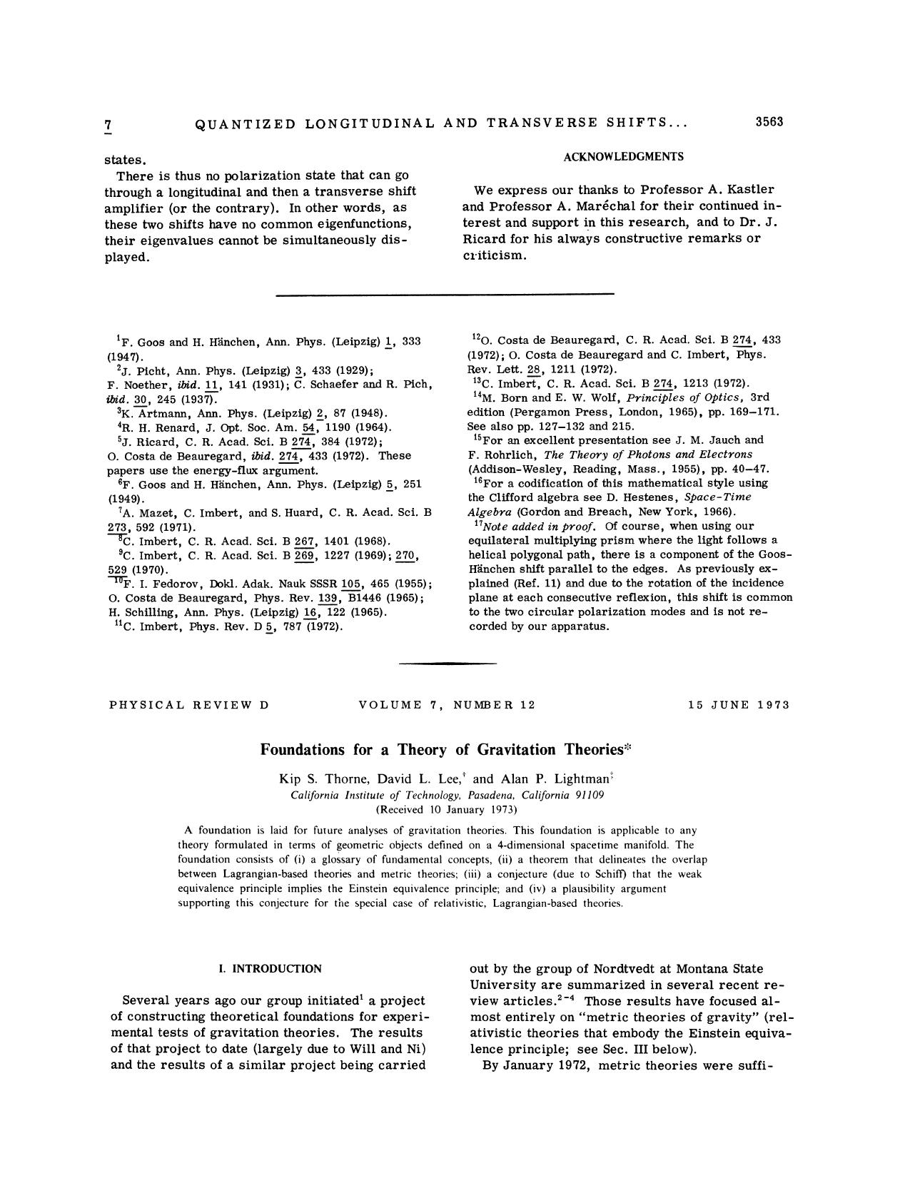 Foundations for a Theory of Gravitation Theories by Kip S. Thorne David L. Lee & Alan P. Lightman