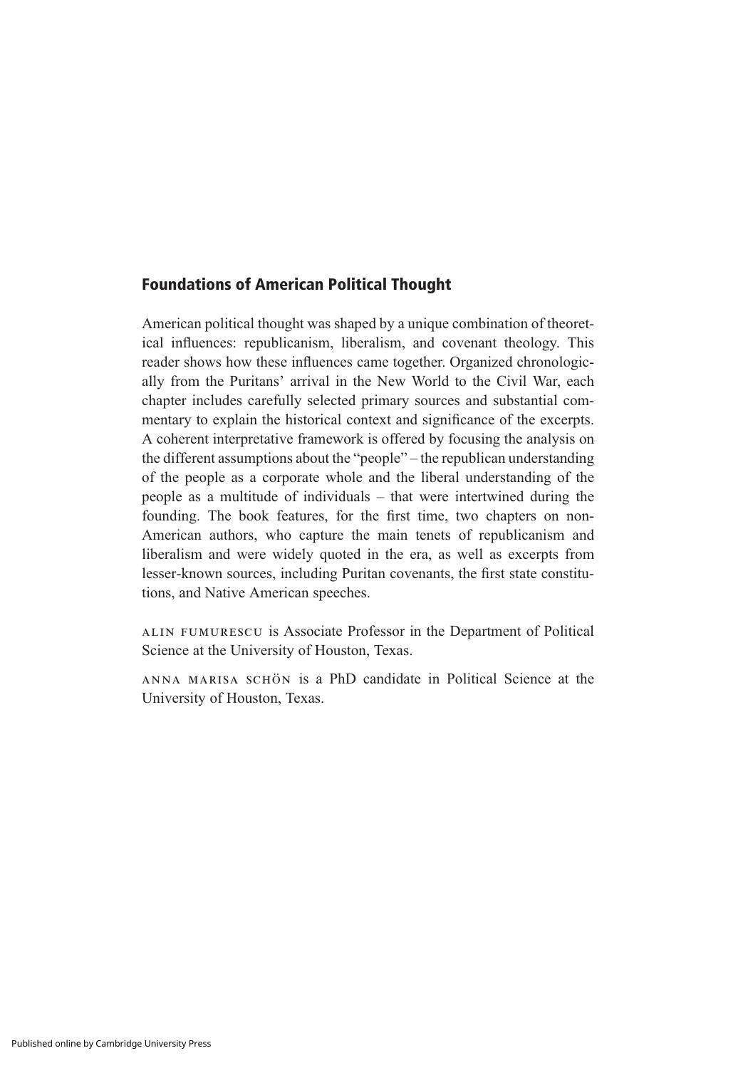 Foundations of American Political Thought: Readings and Commentary by Alin Fumurescu Anna Marisa Schön