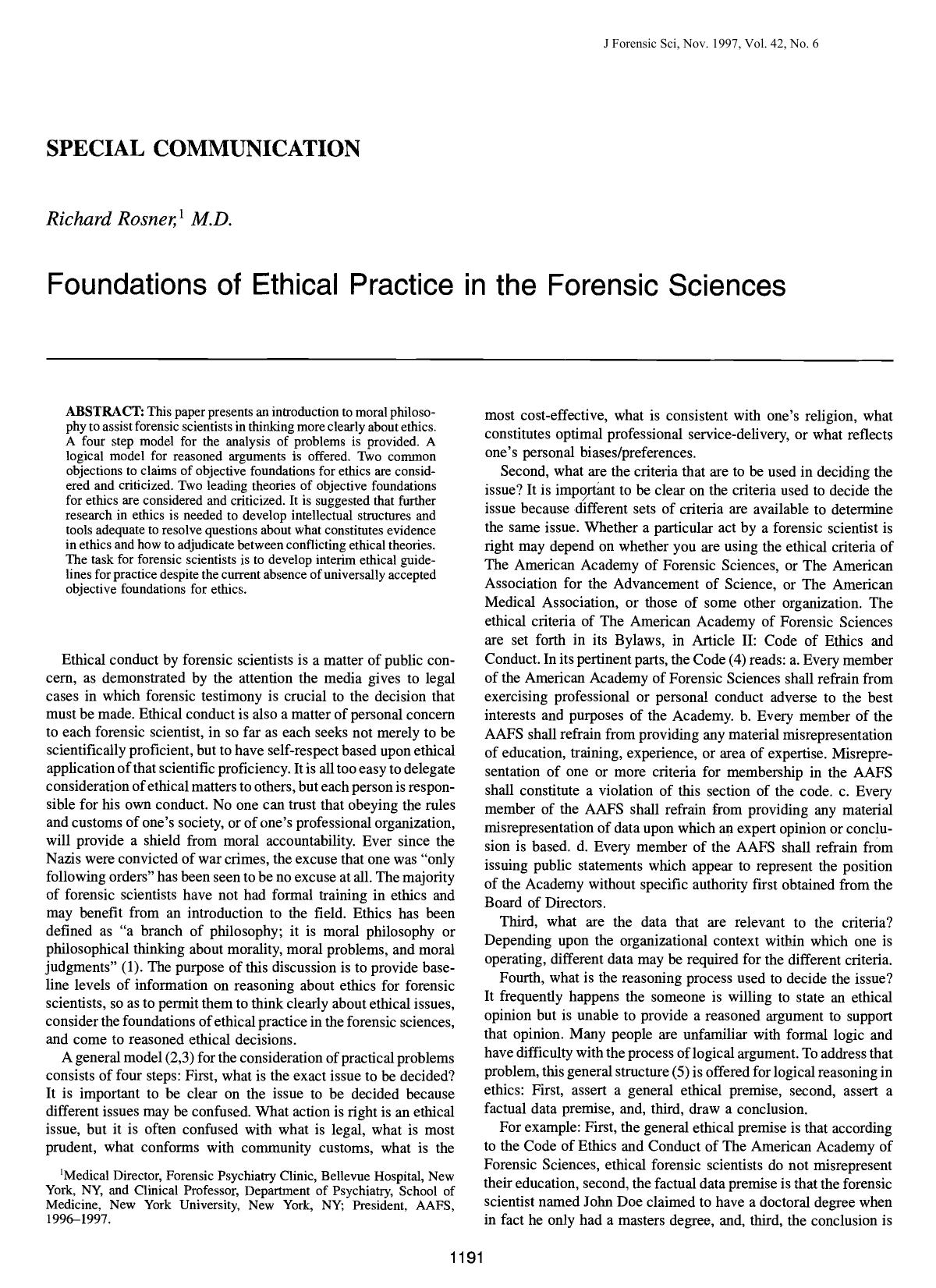 Foundations of Ethical Practice in the Forensic Sciences by Rosner R