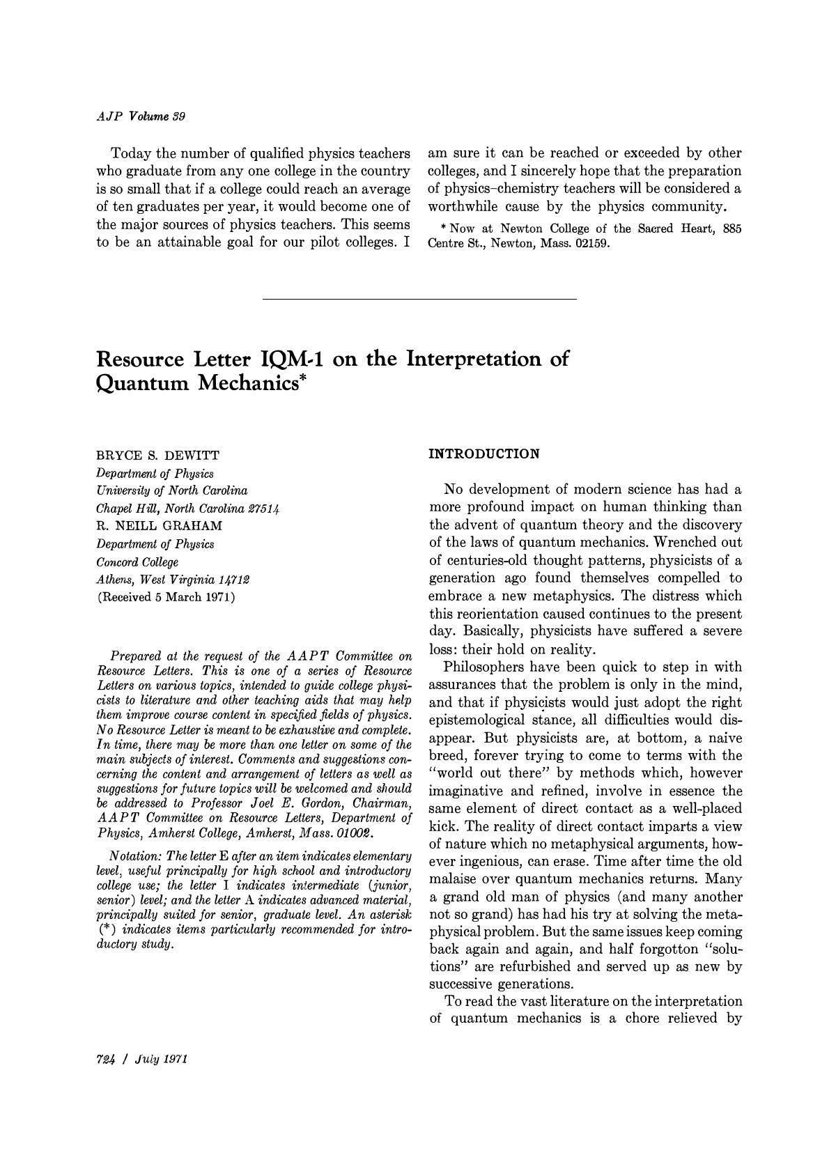 Foundations of Quantum Mechanics Since the Bell Inequalities: Selected Reprints by Leslie E. Ballentine