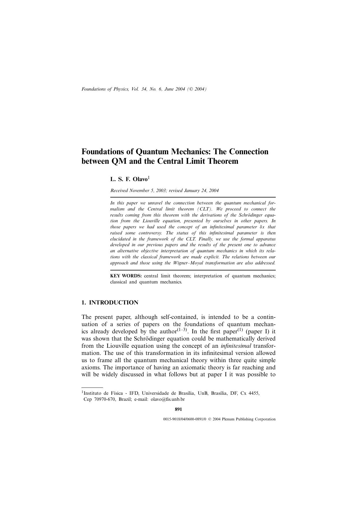 Foundations of Quantum Mechanics: The Connection Between QM and the Central Limit Theorem by Unknown