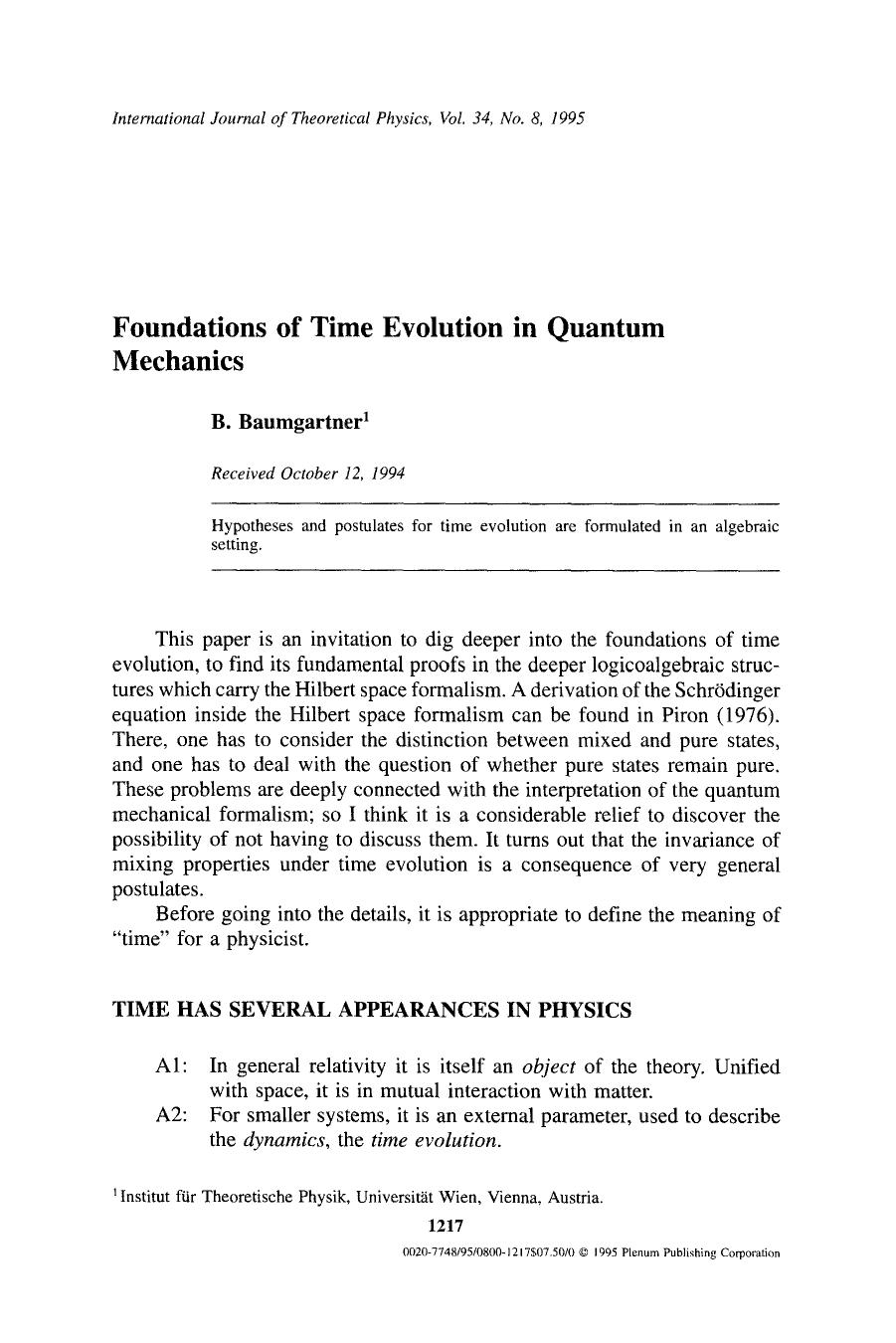 Foundations of time evolution in quantum mechanics by Unknown