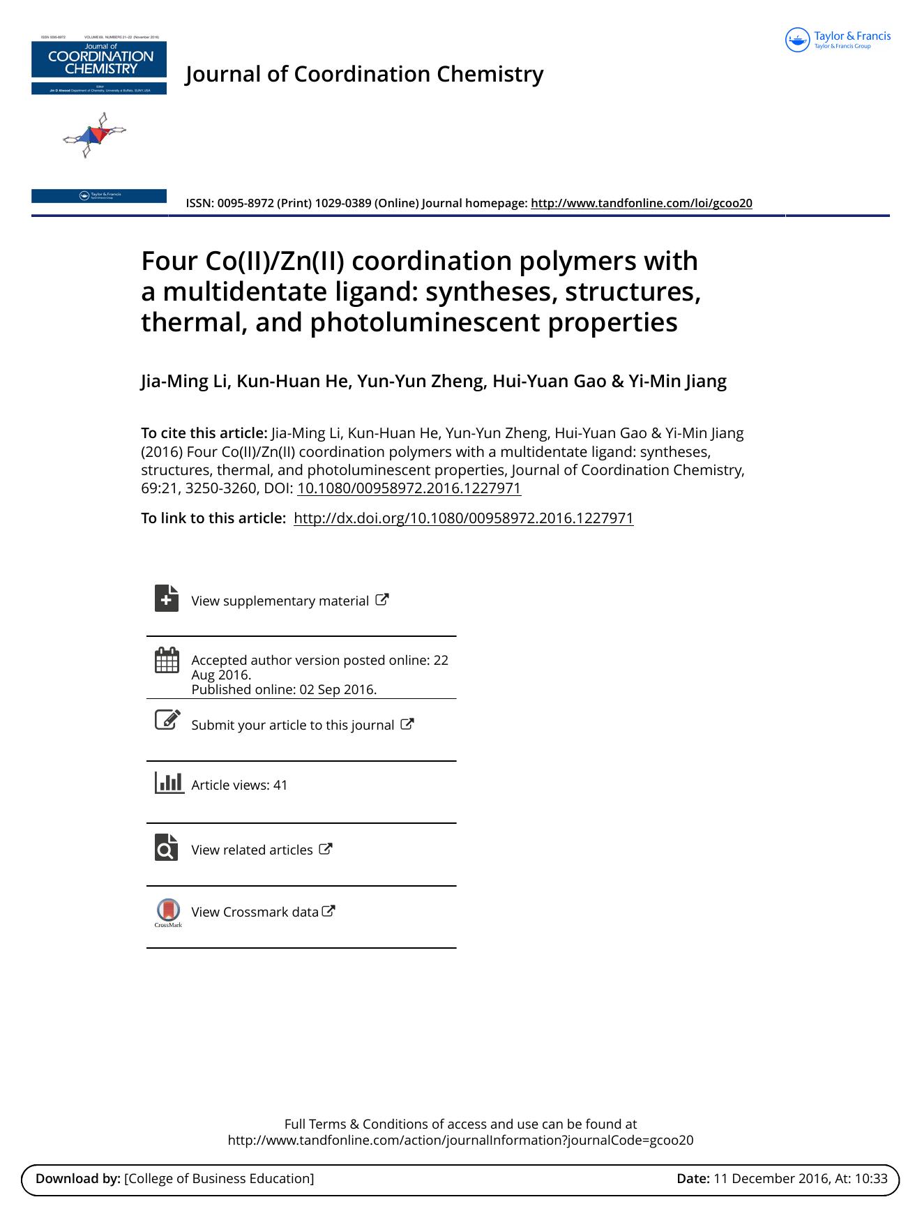 Four Co(II)Zn(II) coordination polymers with a multidentate ligand: syntheses, structures, thermal, and photoluminescent properties by Jia-Ming Li & Kun-Huan He & Yun-Yun Zheng & Hui-Yuan Gao & Yi-Min Jiang
