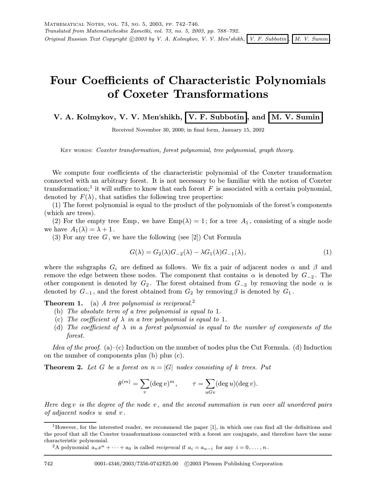 Four Coefficients of Characteristic Polynomials of Coxeter Transformations by Unknown