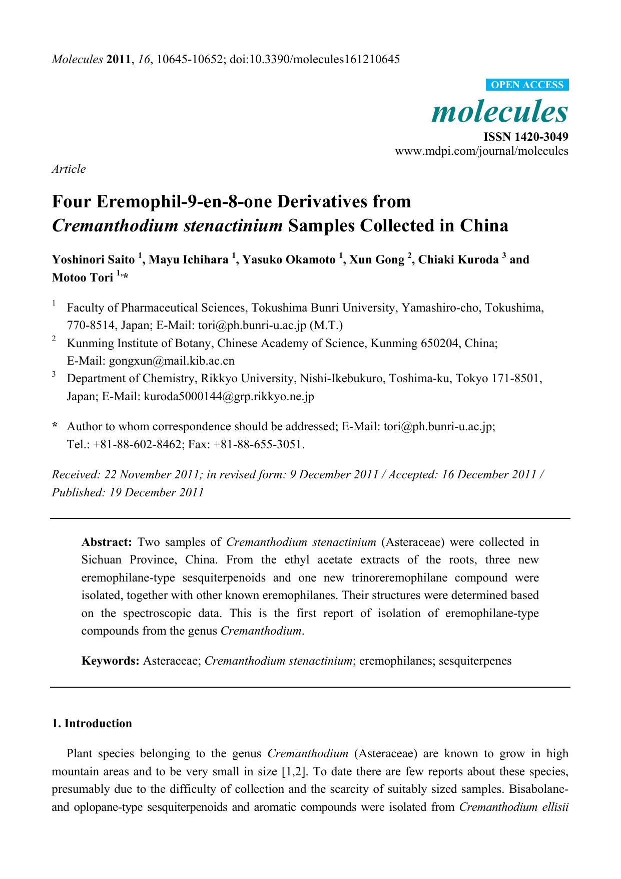 Four Eremophil-9-en-8-one Derivatives from Cremanthodium stenactinium Samples Collected in China by Yoshinori Saito & Mayu Ichihara & Yasuko Okamoto & Xun Gong & Chiaki Kuroda and Motoo Tori