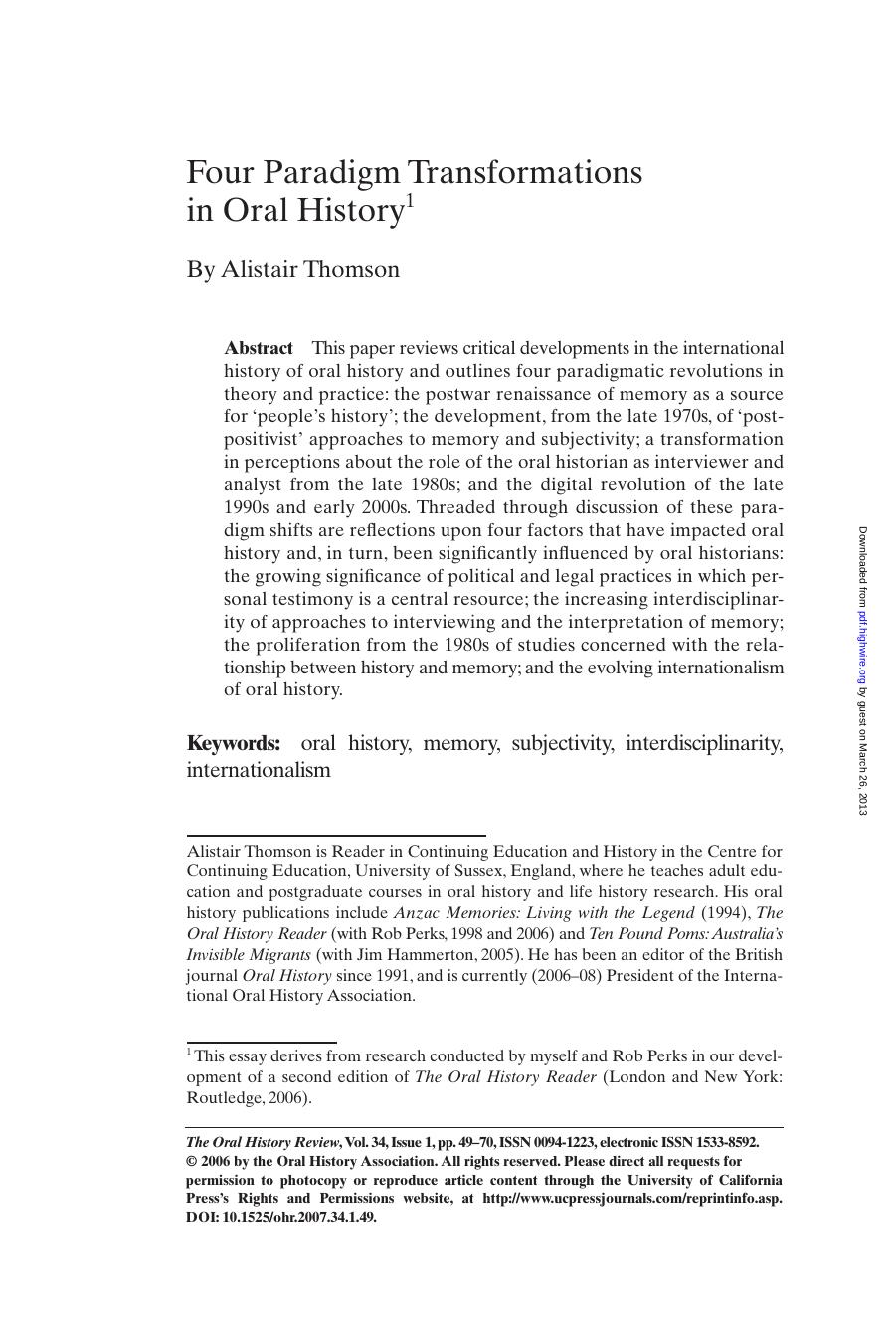 Four Paradigm Transformations in Oral History by Alistair Thomson