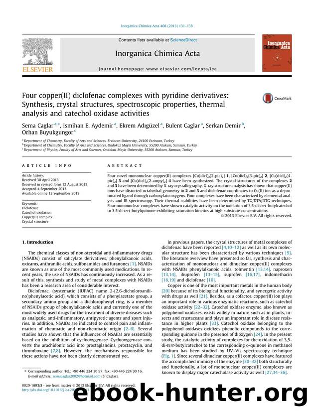 Four copper(II) diclofenac complexes with pyridine derivatives: Synthesis, crystal structures, spectroscopic properties, thermal analysis and catechol oxidase activities by unknow