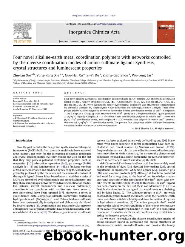 Four novel alkaline-earth metal coordination polymers with networks controlled by the diverse coordination modes of amino-sulfonate ligand: Synthesis, crystal structures and luminescent properties by Zhu-Lin Xie & Yong-Rong Xie & Guo-Hai Xu & Zi-Yi Du & Zhong-Gao Zhou & Wu-Leng Lai