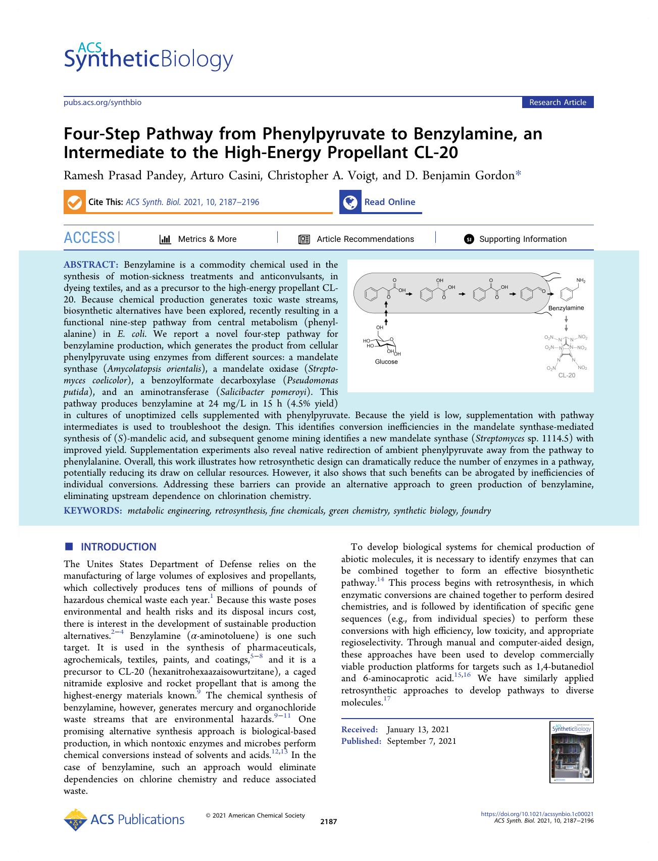 Four-Step Pathway from Phenylpyruvate to Benzylamine, an Intermediate to the High-Energy Propellant CL-20 by Ramesh Prasad Pandey Arturo Casini Christopher A. Voigt and D. Benjamin Gordon
