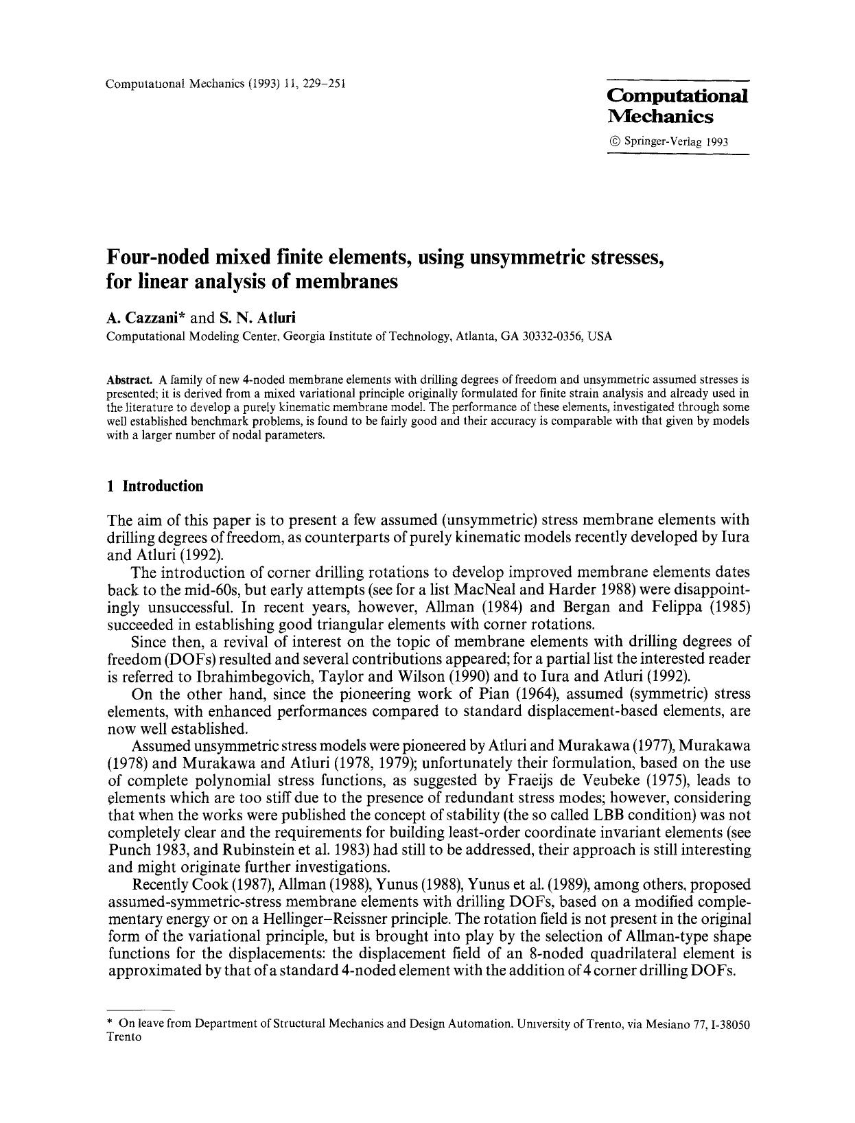 Four-noded mixed finite elements, using unsymmetric stresses, for linear analysis of membranes by Unknown