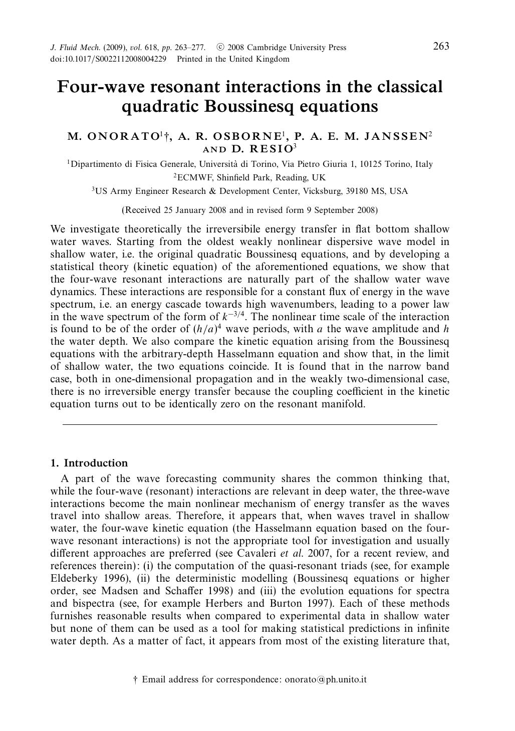 Four-wave resonant interactions in the classical quadratic Boussinesq equations by M. ONORATO A. R. OSBORNE P. A. E. M. JANSSEN D. RESIO