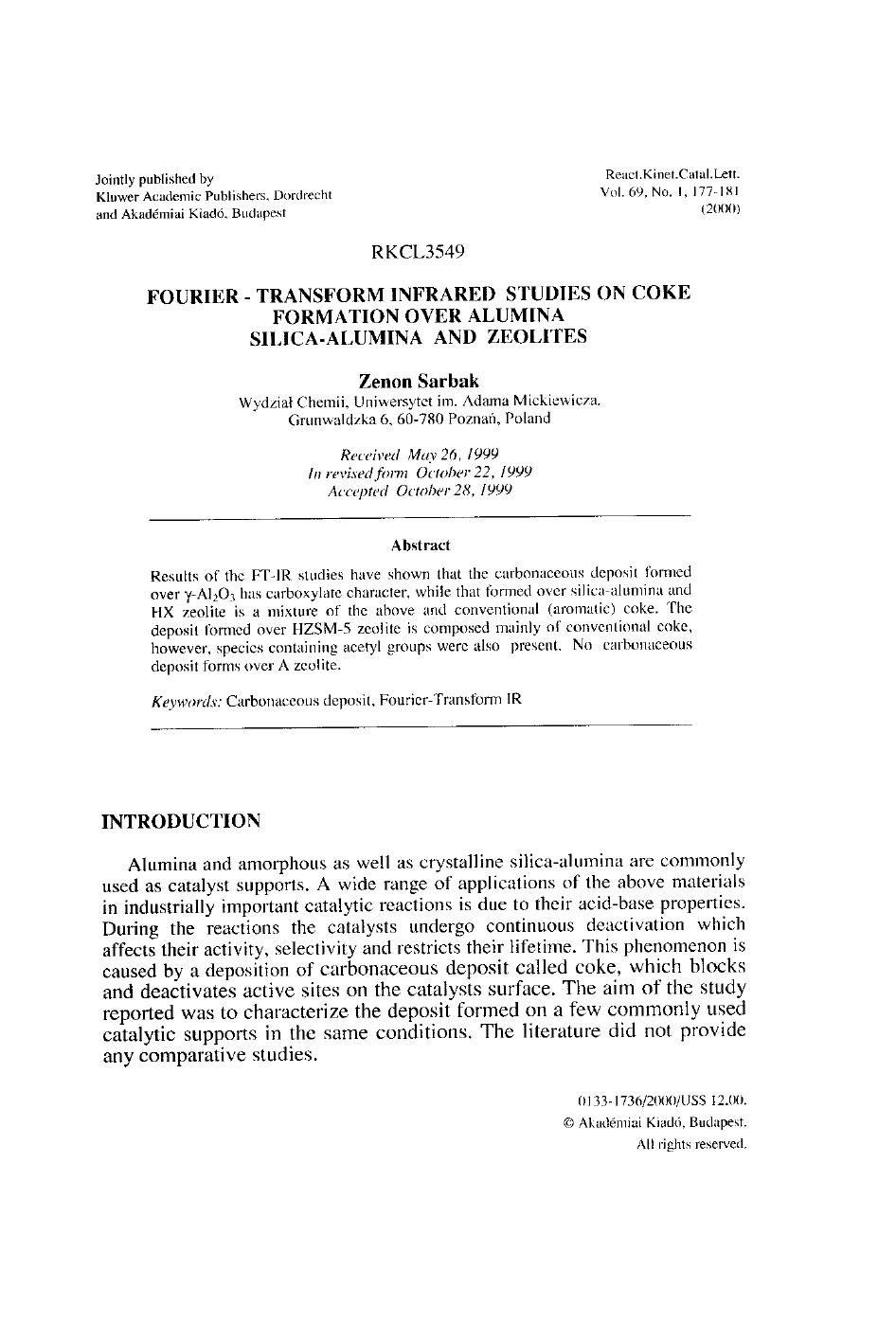 Fourier &#x2014; Transform Infrared Studies on Coke Formation Over Alumina Silica-Alumina and Zeolites by Unknown