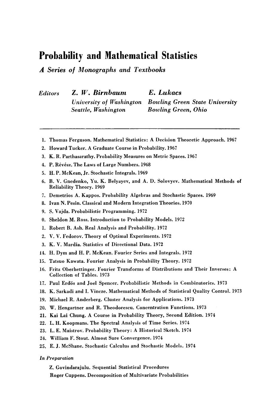 Fourier Analysis in Probability Theory by Tatsuo Kawata Z. W. Birnbaum and E. Lukacs (Auth.)
